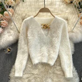Foamlina mekana topla mink medo pletene top žene seksi v-izrez u obliku dugih rukava lanac kraći pulover džemper jesen zima ženske majice