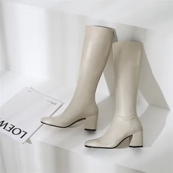 ANNYMOLI zimske čizme do koljena žene prirodna prirodna koža blok visoku petu duge čizme munja cijele čarapa cipele Lady veličina 34-39