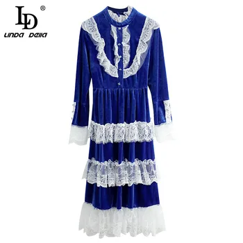 LD Linda della Proljeće modni dizajner baršunasto haljina za žene s dugim rukavima ukrašen čipkom šarenilo odmor stranke haljina linije