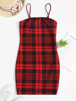 ZAFUL Women Houndstooth Printed Mini Cami Bodycon Dress Spaghetti Strap Sleeveless Pokrivač Dress Višebojni 2019 Slim Fit Style