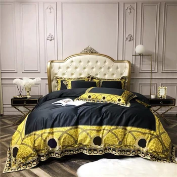 High-end francuski Italija dizajn žuti uzorak ispisa 4kom Kralj Kraljica Veličine deke bijeli plavi zlatni krevetu luksuzni setovi posteljinu