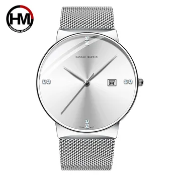 Hannah Martin muški satovi luksuzni brand crna poslovne Muški ručni kvarcni sat je vodootporan čelična mrežica remen kalendar sat poklon