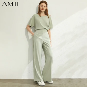 AMII minimalizam proljeće ljeto moda moda žene kit čvrste Oneck slobodne žene bluza visokim Strukom slobodan duge hlače odijelo 12020208