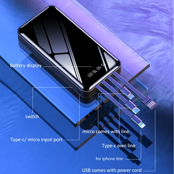 40000mAh Power Bank za Xiaomi Powerbank s kabelom USB Type C 2A brzo punjenje vanjska baterija za iPhone Samsung Poverbank