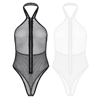Žene jednodijelni prozirni Body Sexy Lingerie Nightwear Hot See Through Backless Fishnet Bodysuit Zip Up Mesh Swimwear Catsuit