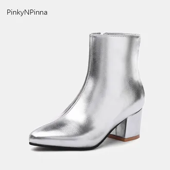 Žene sjajne srebrne čizme moda trg štikle unutar zip party dress ured booties zimske zlatne cipele plus size 44