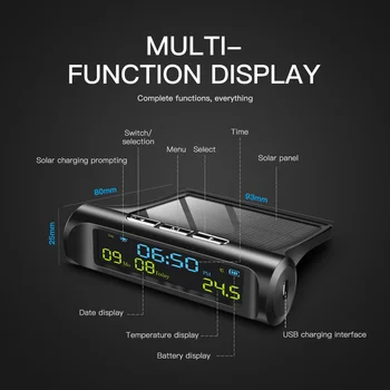 Prijenosni 3 u 1 digitalni led zaslon solarni auto sat termometar indikator senzor panel metar za vozila
