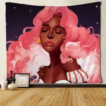 Slatka Crna Djevojka Афроамериканка Pink Hair Design Zidne Tapiserije