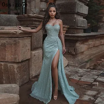 Seksi maturalne haljine s visokim prorezom slatka svijetlo zelena Sirena Dama formalno večernja haljina jeftina cijena YSAN453