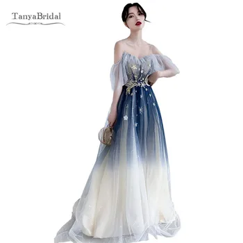 V-neck, plavo prom haljina ženska elegantna Mjesec-Zvijezda šljokice duga večernja haljina stranke Novi stil 2020 s otvorenim ramenima Dama prom haljina