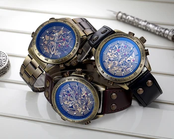 SHENHUA čelične trake mehanički satovi muški автоподзавод steampunk satovi muški kostur brončani transparentno berba sportski ručni sat