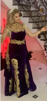 Kaftan večernja haljina s odvojivim vlak je visoka vrat zlatne aplicirano Maroko kaftan baršun Sirena arapski muslimanski večernja haljina prom