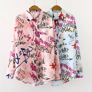 Bluza žene Pismo ispis bluze moda dame šik отложной ovratnik gumb košulja dugih rukava majice blusas mujer de moda