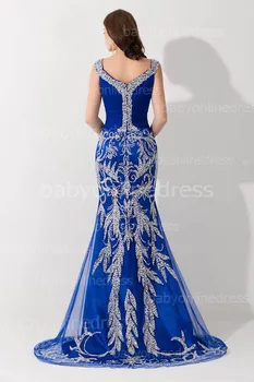 Royal Blue Evening Dress 2020 New Sirena Evening Dress V-izrez izvlačenja tila večernja haljina duga haljina po mjeri pravi fotografije