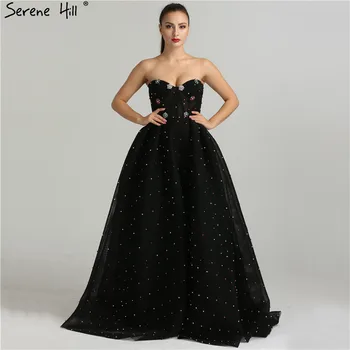 2020 Black Sweetheart Seksi Tulle Prom Dresses Newest Diamond Pearls Off Shoulder Fashion Evening Dresses LA6347