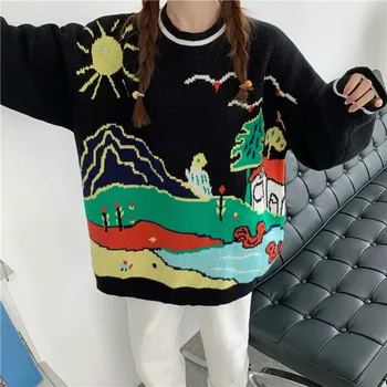 Grafiti Predložak Džemper Ženska Zimska Odjeća 2020 Pletene Pulover Uredan Stil Ulzzang Korejski Majice S Dugim Rukavima Prevelike Skakači