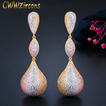 CWWZircons luksuzni kapi vode lopte duge viseće naušnice za žene vjenčanje mikro CZ Cirkon Dubai Indijski 3 tone zlatni nakit CZ670