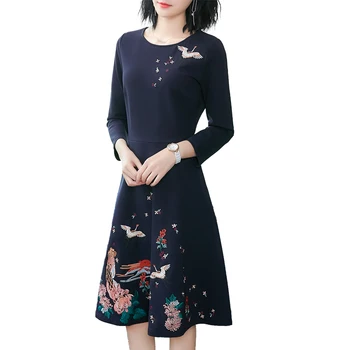 JiuMeiDai 2020 Women Proljeće I Jesen A-Line Dress Office Lady Elegantan Vez Duge Haljine Ženske O-Izrez Moda Party Clothing