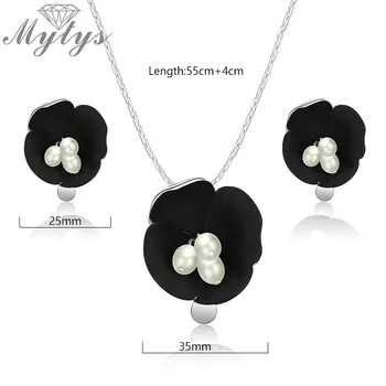 Mytys ženski moda moda Crni cvijet nakit setovi bijeli biseri prašnicima sjajni srebrni lanac privjesak ogrlica i naušnice CN444