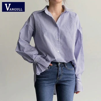 Vangull Blue Vertical Stripe Shirt ženska proljeće novi fenjer rukava vintage bluza Slobodna jednostavnost rever ured Lady osnovne vrhovima