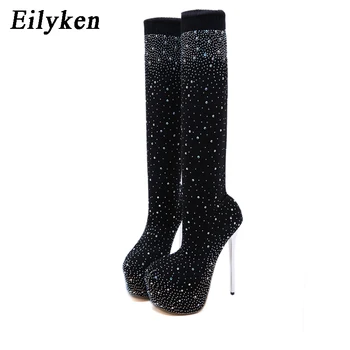 Eilyken 2021 Nova Ženska platforma cijele čarapa tanke štikle i čizme iznad koljena moda gorski kristal Kristal stretch tkanina, čarapa čizme