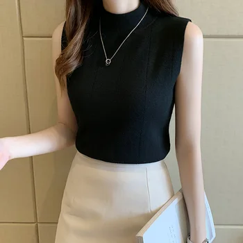 Blusas Korejski Moda Dame Vrhovima Ljeto Žene Vrhovima Novi 2021 Casual Odjeća Bez Rukava Čvrsta Ženska Bluza Plesti Elastični 8623 50