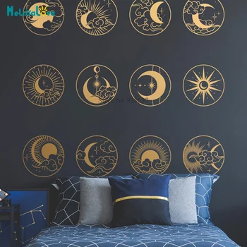 Sunce Mjesec naljepnica na zidu mistični elementi nebeske astrologija uzglavlje dekor Spavaća soba Dnevni boravak odvojiva Vinil naljepnica na zidu BA891