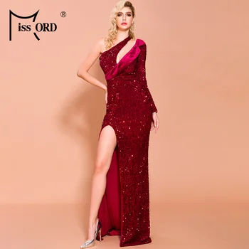Missord 2021 Women Sexy Irregular Bend One Shoulder Sequin Dresses Female Elegant High Split Maxi Dress FT19490