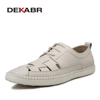 DEKABR Summer Men Hollow Genuine Leather Casual Oxford Dress Shoes Lace Up Flats Male Casual Leather Flats Size Plus 38-47