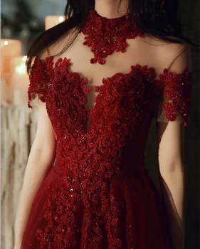 SSYFashion Wine Red luksuzno večernjih haljina za žene s visokim cutaway čipka aplicirano perle duga večernja haljina haljine za posebne prigode