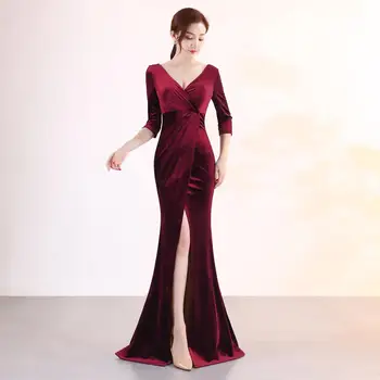 Ljepota-Emily V-neck, baršun večernje haljine duge Sirena Split formalne haljina stranke 2020 Seksi moda Pola vrećice Vestido de noche