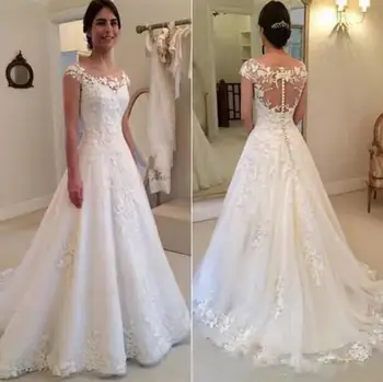 Bijeli berba čipka aplicirano vjenčanica 2019 Sheer pre Cap rukava jeftini vjenčanica vestidos de novia