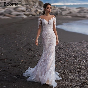 Booma elegantan čipka aplicirano Sirena vjenčanice za žene s dugim rukavima plaža vjenčanica pre iluzija djeveruša Haljina