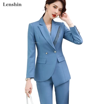 Lenshin High-quality Candy Color 2 Piece Suit Set for Women Business Office Lady Work Wear Formalno Business Solid Pant Suits