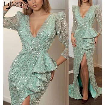 Sjajna arapski Sirena večernja haljina 2020 dugi rukav visoka Split odlicno šljokicama maturalne haljine u Turskoj plus size večernje haljine