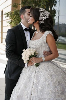 Luksuzni Elie Saab perle loptu haljina Svadben haljina 3D aplikacije kvadratni izrez naslon vjenčanicu kapela šljokicama vestido de noiva