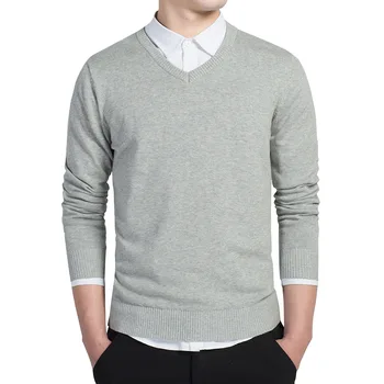 Proljeće muška jednobojnu džemper, pulover jednostavan stil pamuk pletene V-izrez džemper skakači tanak Muški dres S-3XL