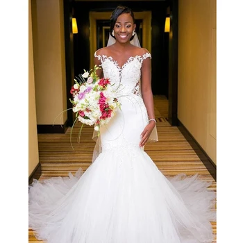 Seksi Iluzija Back Africa Sirena Wedding Dresses 2020 Pure White Cap Sleeve Beadwork Čipke Mladenka Vjenčanica