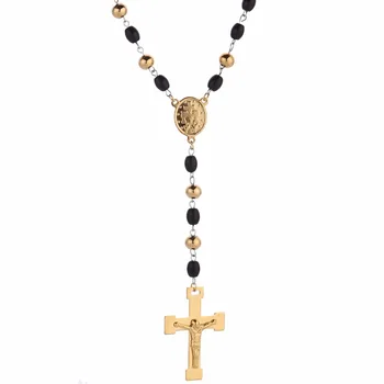 Muškarci, žene nehrđajućeg čelika privjesak ogrlica zlatni ton crna Djevica Marija, Isus Krist raspeće križ krunice 27 inča lanca