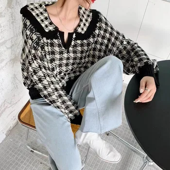 Berba geometrijski pletene džemper žene Engleska Хаундстут kašmir pulover jesen odbačenost ovratnik ženski kardigan kratke majice