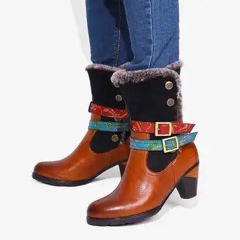 SOCOFY retro čizme toplo udoban krzno šarene kopče za remen elegantne kratke zimske čizme elegantna obuća Ženska cipele Botas Mujer 2020