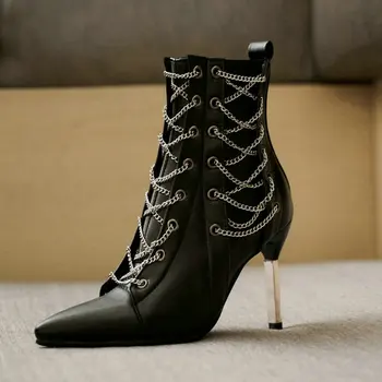 Moda Oštar čarapa tanka peta Ženske čizme munja krug dame Jesen Zima čizme 2020 umjetna koža crna metalik