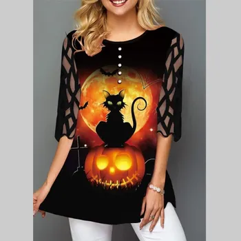 Novi 2020 Halloween crna mačka bundeva tiskanih Ženska t-shirt 7-stepeni rukava čipke plus size stare slobodne vrat stranke vrhovima