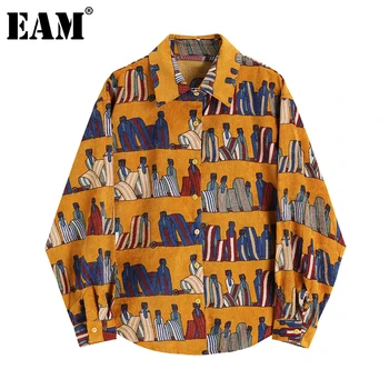 [EAM] žene žuta Samt tiskanih veliki veličina bluza novi rever dugi rukav slobodna ukrcaj košulja moda plima proljeće i jesen 2021 1DA318