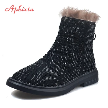 Aphixta luksuznih kristala čizme Natual krzno Ženske cipele zima je pravi kosu toplim pliš munje studentski čizme čizme ravnim cipelama žene