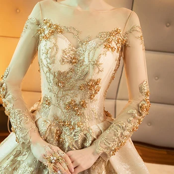 Zlatno vjenčanicu s okruglog izreza cvjetni print vez dugim rukavima jednostavan elegantan naslon novi čipka uo duge ženske haljine djeveruša B013